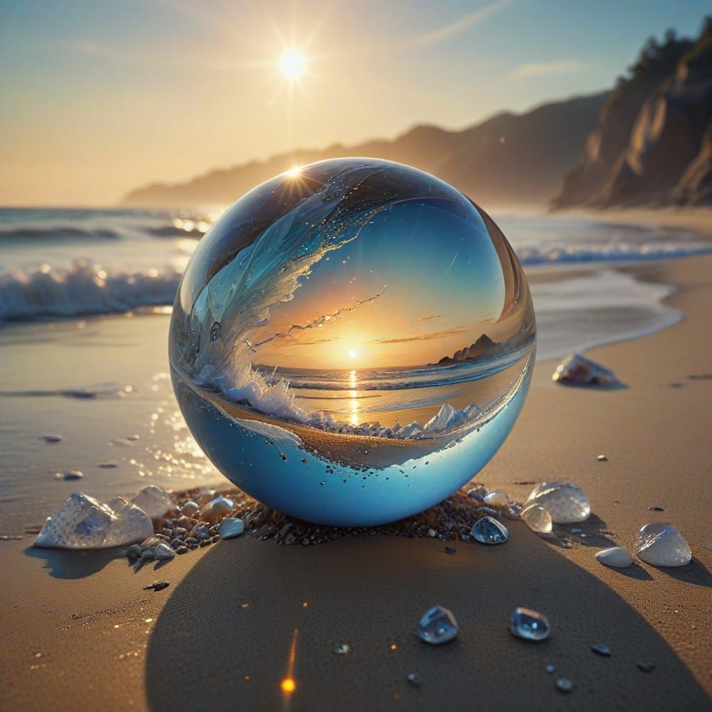 "A slightly faceted crystal orb rests on a dry, silent beach...