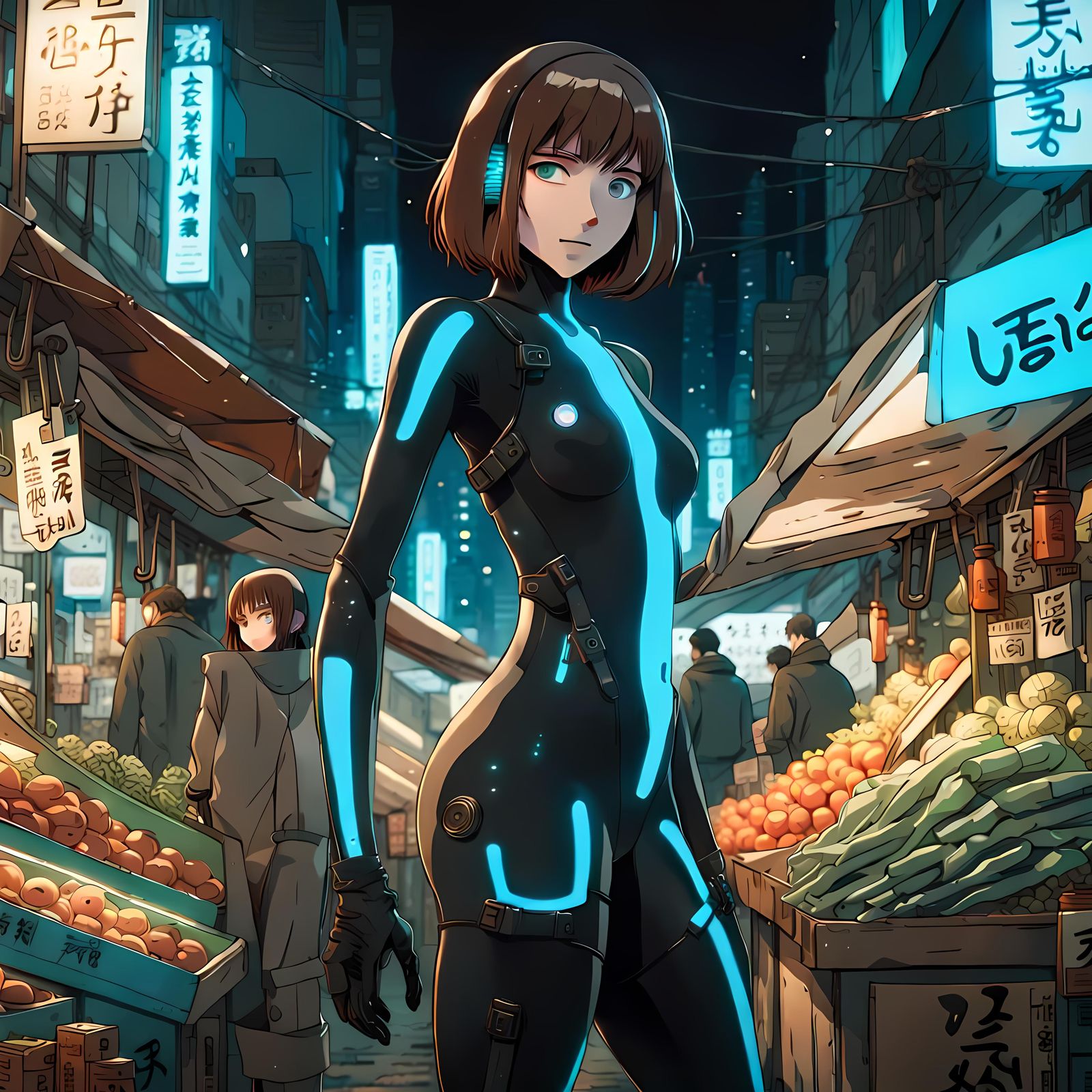Cyberpunk Woman Shopping at Night, Anime Style