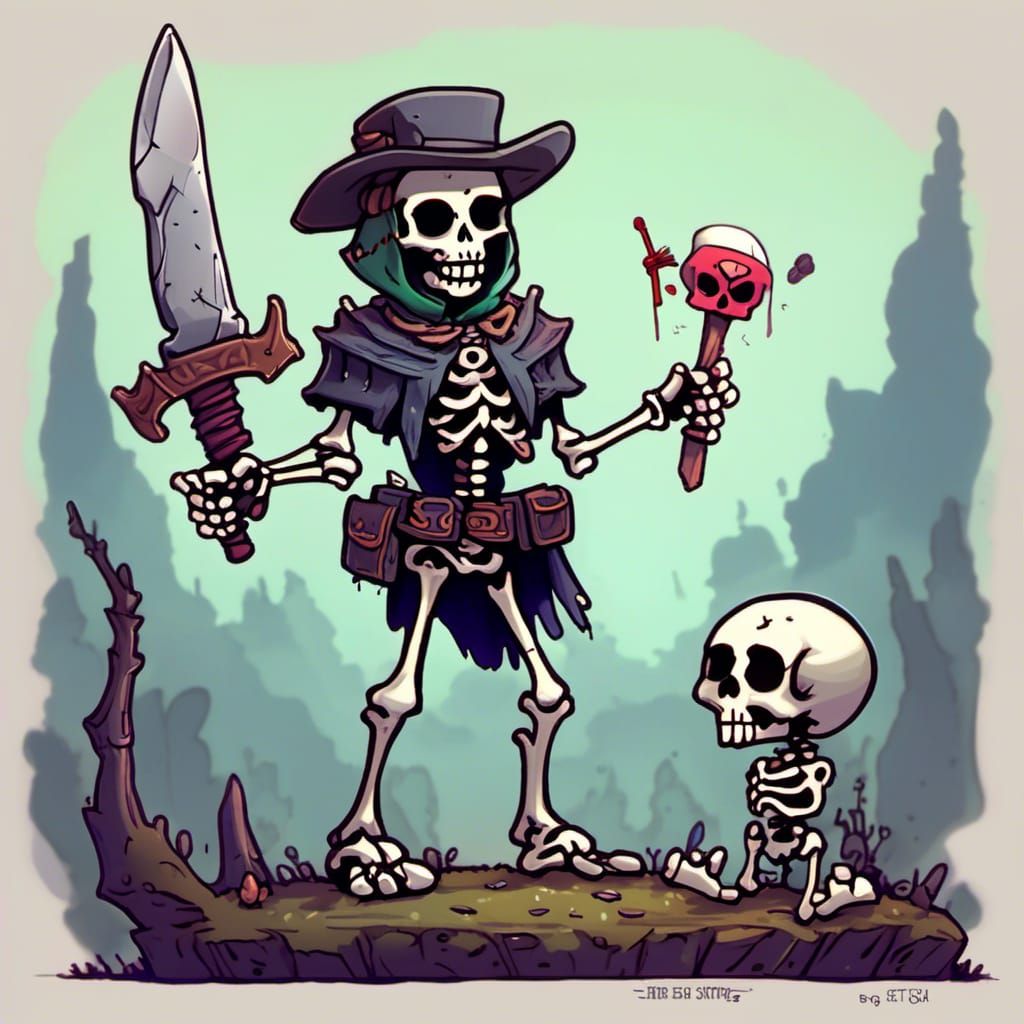 Cartoon Skeleton with Knife, Detailed Digital Art