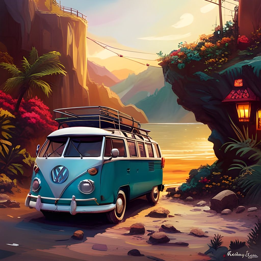 Retro VW Bus on Beach in Vintage Style