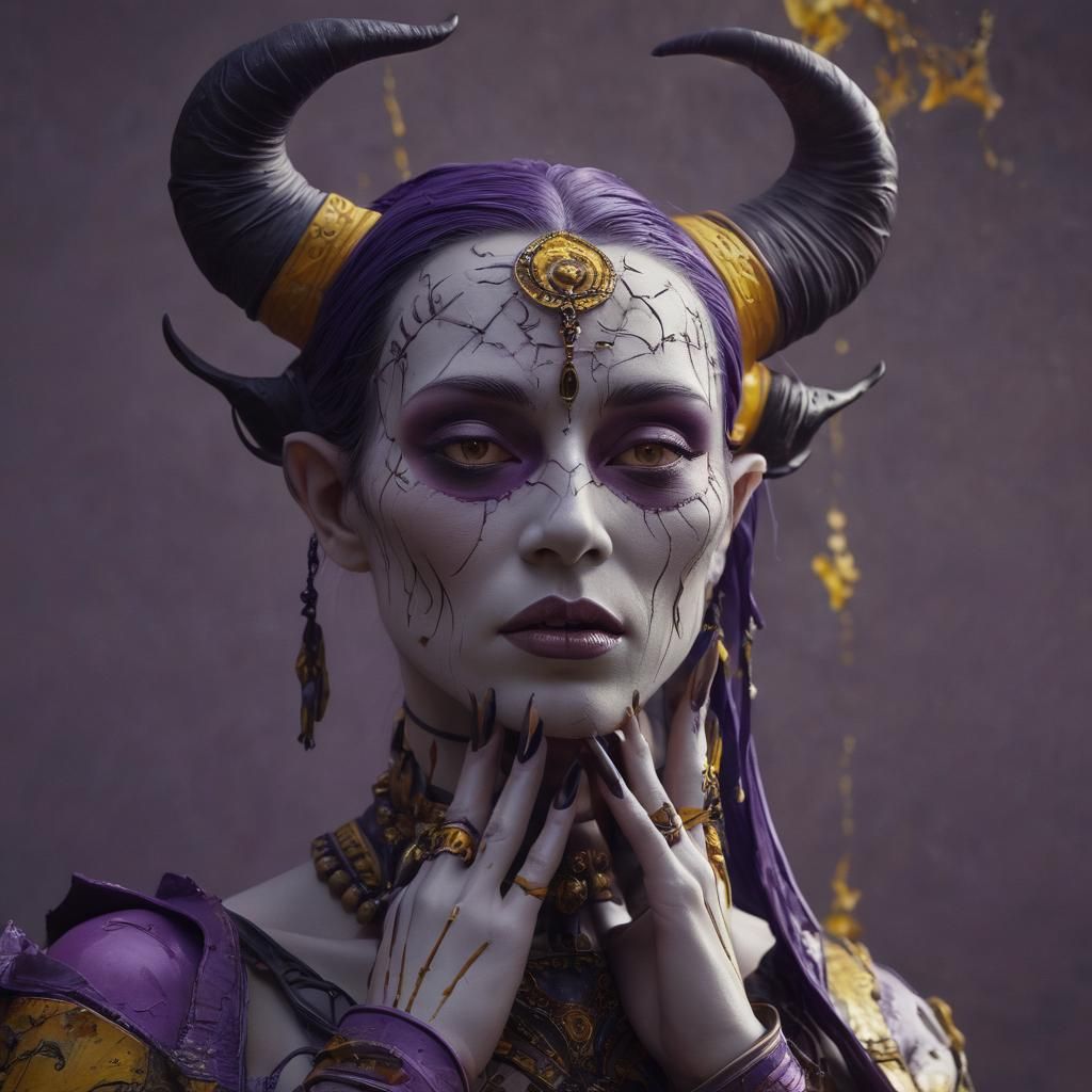 Horned Woman with Porcelain Face, Dark Fantasy Art