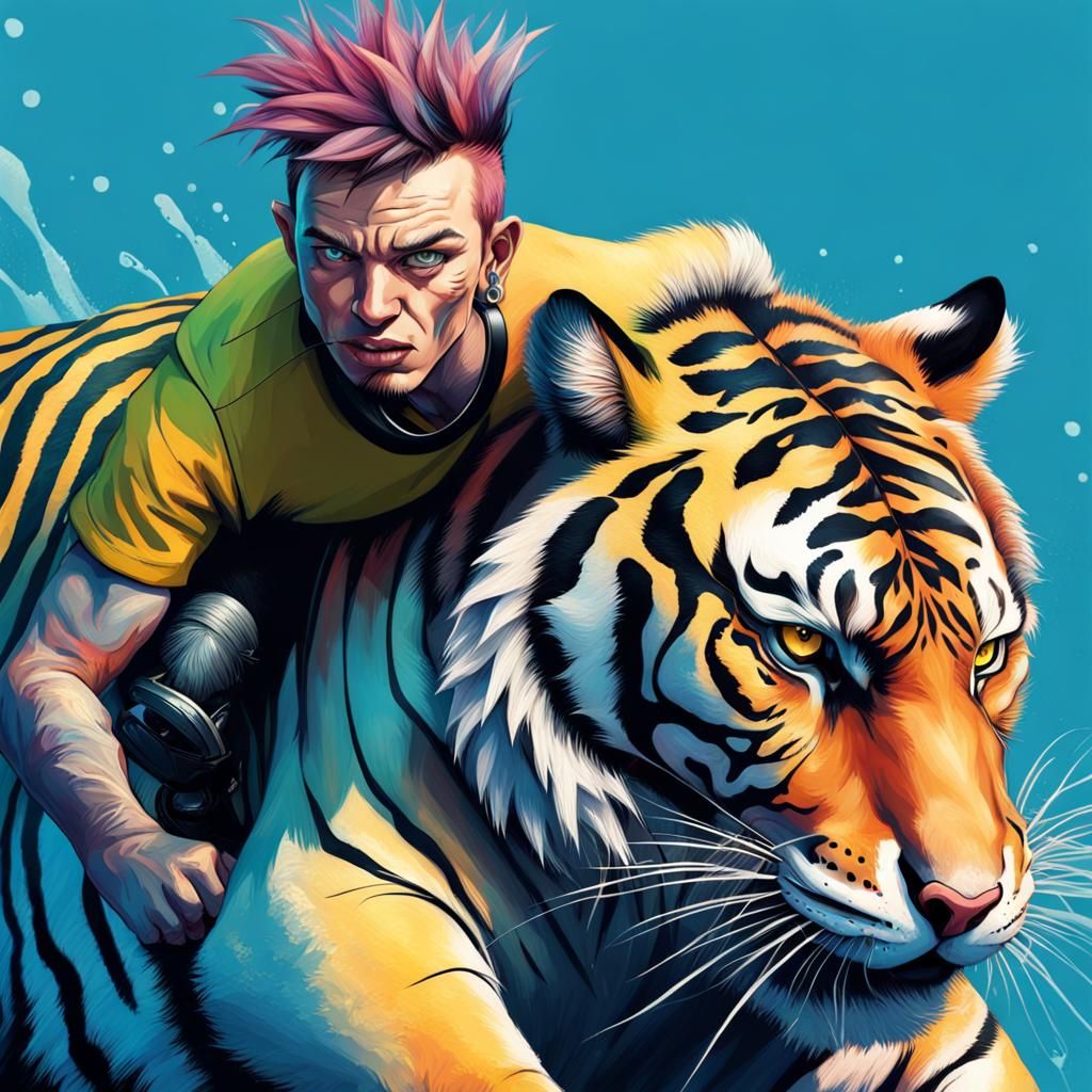 Hyperrealistic Punk Riding a Tiger Splash Art