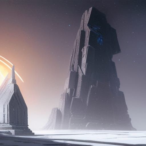 White Spaceship Lands on Dark Icy Planet