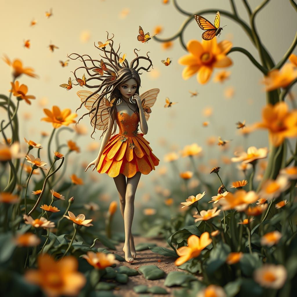 Fairy with Root Hair in Origami Garden