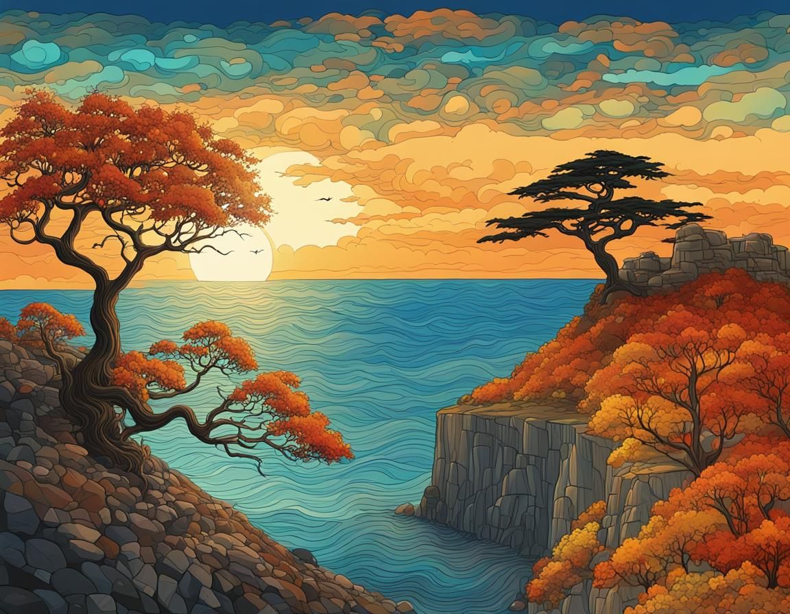 Autumn Tree on Cliff at Sunset: Ghibli Art Nouveau