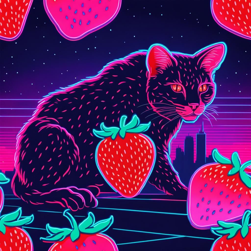 Cat in Strawberry: Synthwave Neon Dream