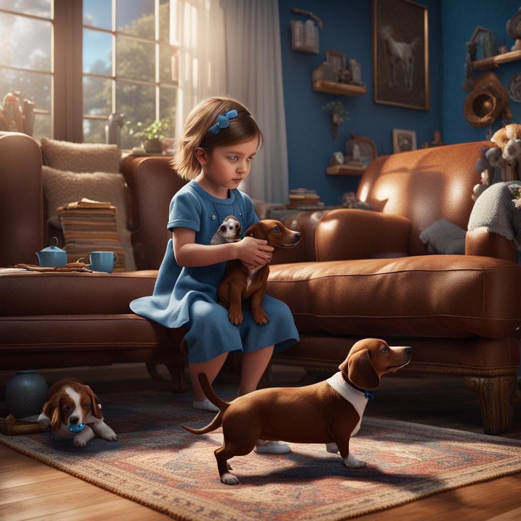 Baby Girl and Dachshund: Detailed Matte Painting