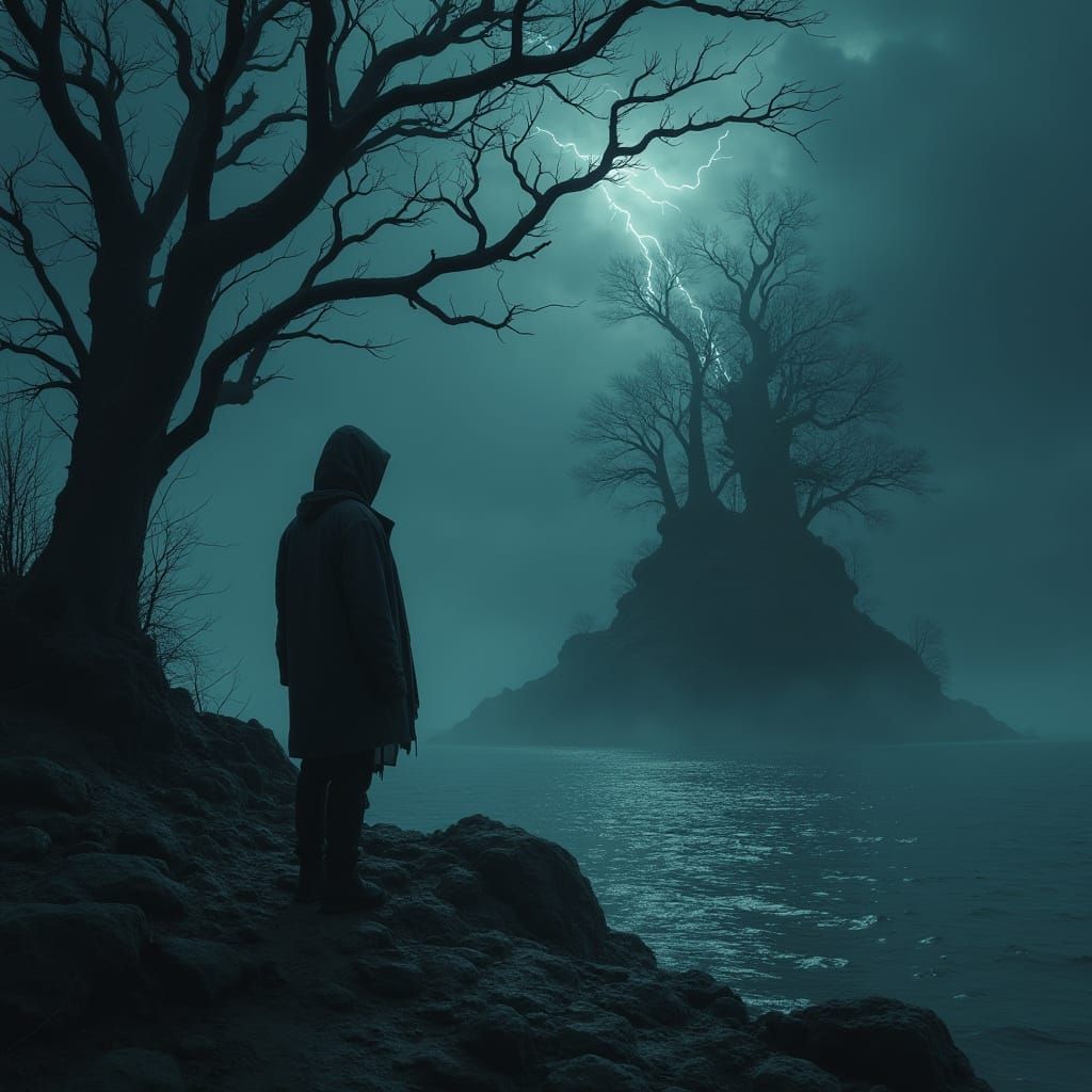 Figure on Foreboding Island Shoreline in Lightning Storm