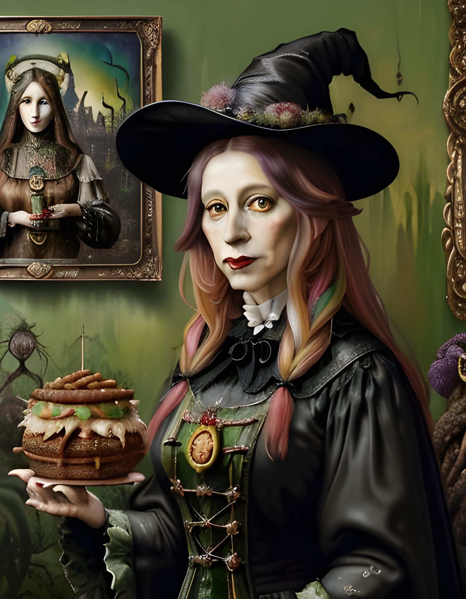 Witch and Wiener Schnitzel: Detailed Art Nouveau Portrait