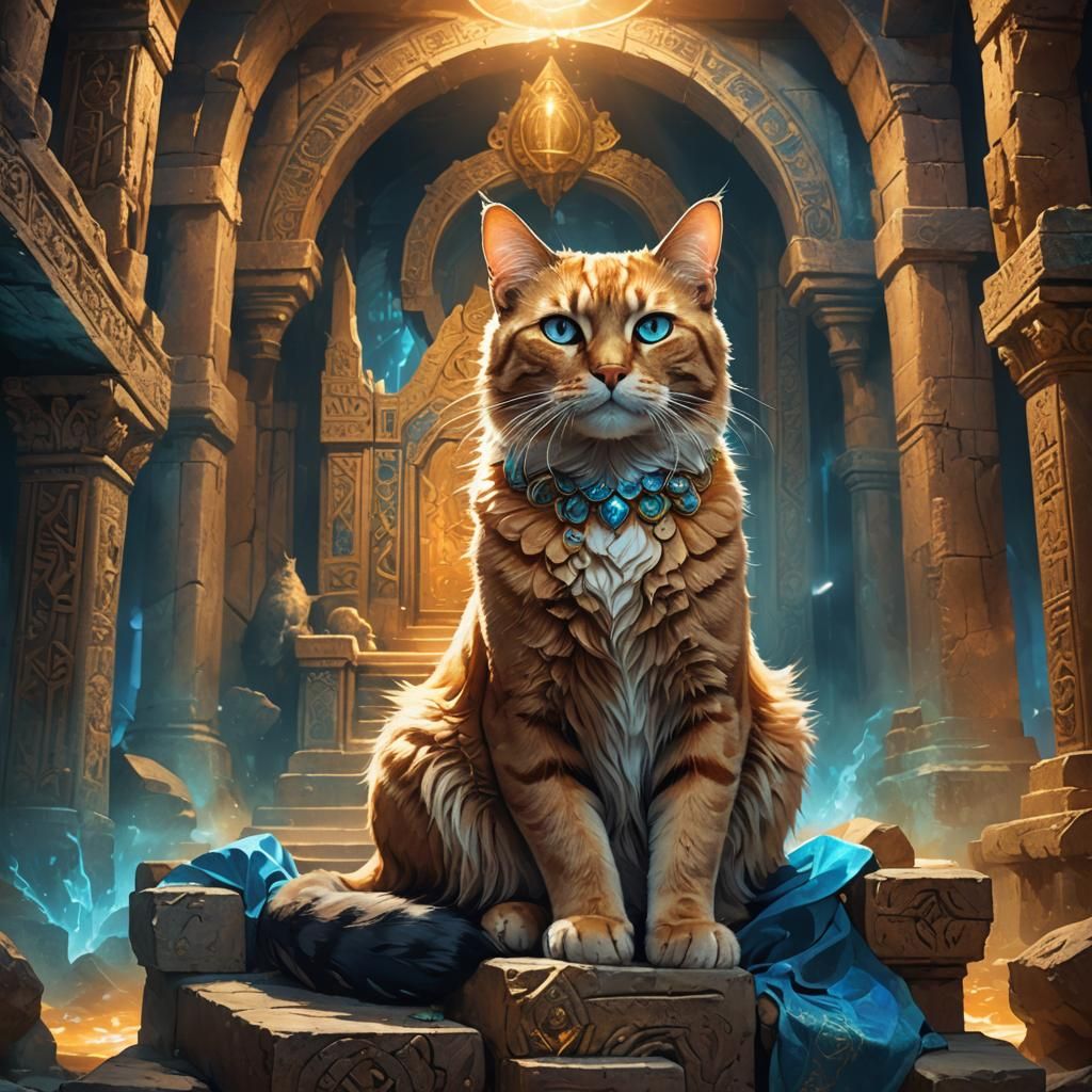 Mystical Cats on Ancient Throne: Fantasy Art