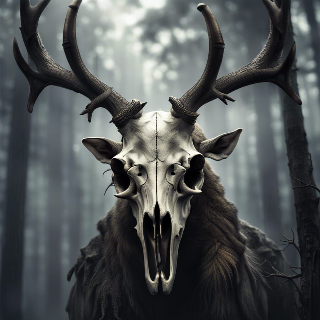 Hyperrealistic Wendigo with Deer Skull and Antlers
