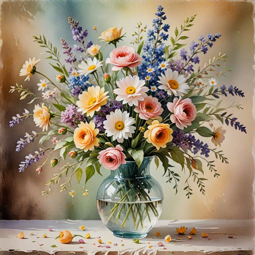Impressionist Bouquet in Vase with Soft Pastel Colors