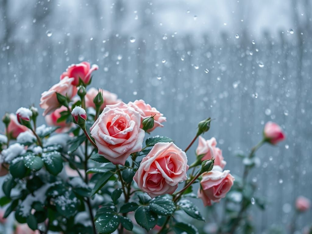 Abundant Snow and Raindrops on Roses