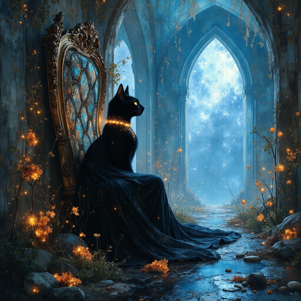 Majestic Black Cat on Moonstone Throne