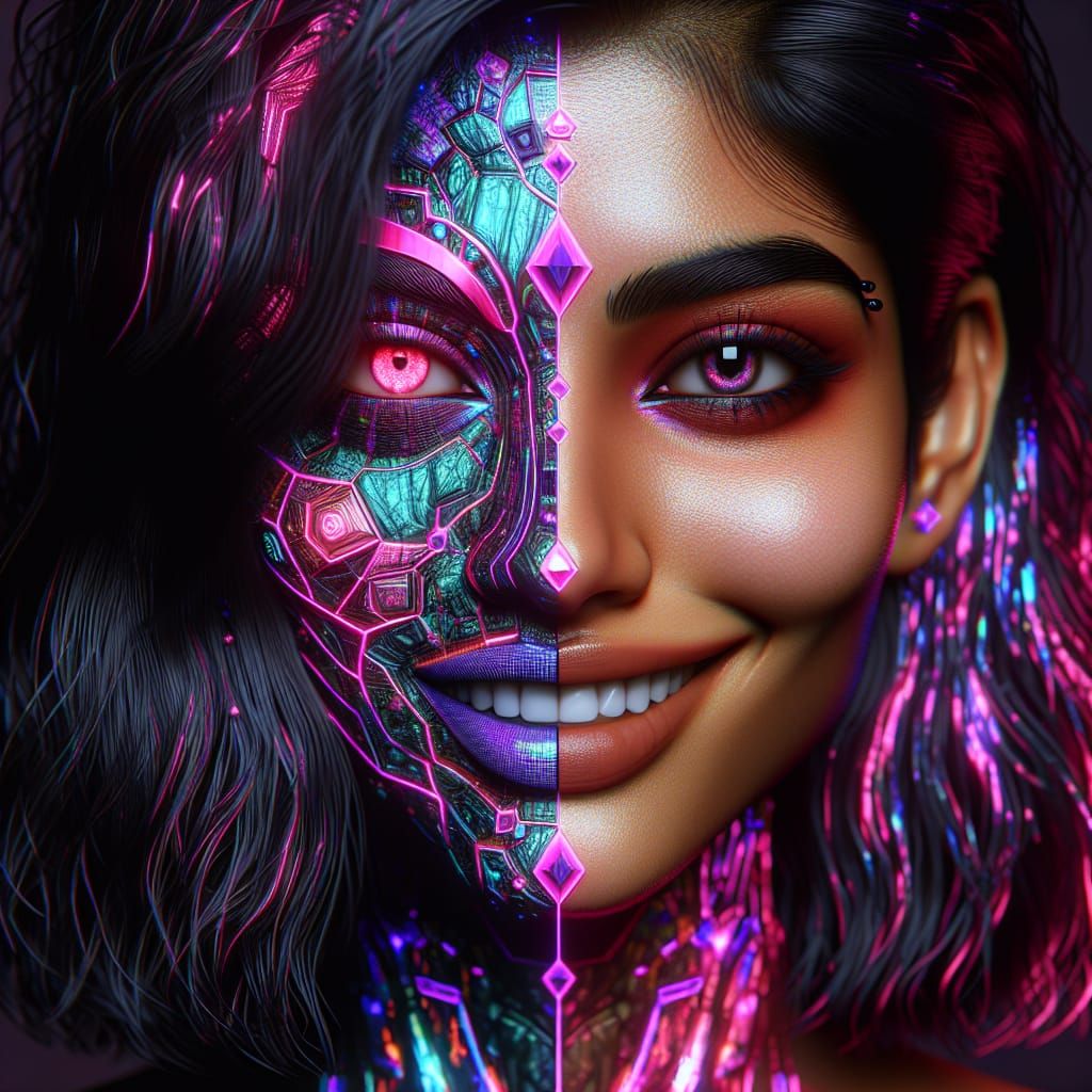 Neon Fracture Face in Holographic Glitchpunk Style