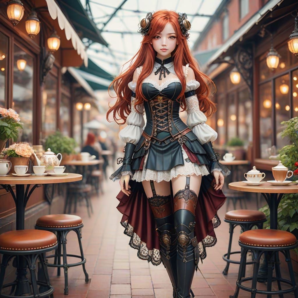 Elegant Steampunk Cyborg Having Tea in Anime Style