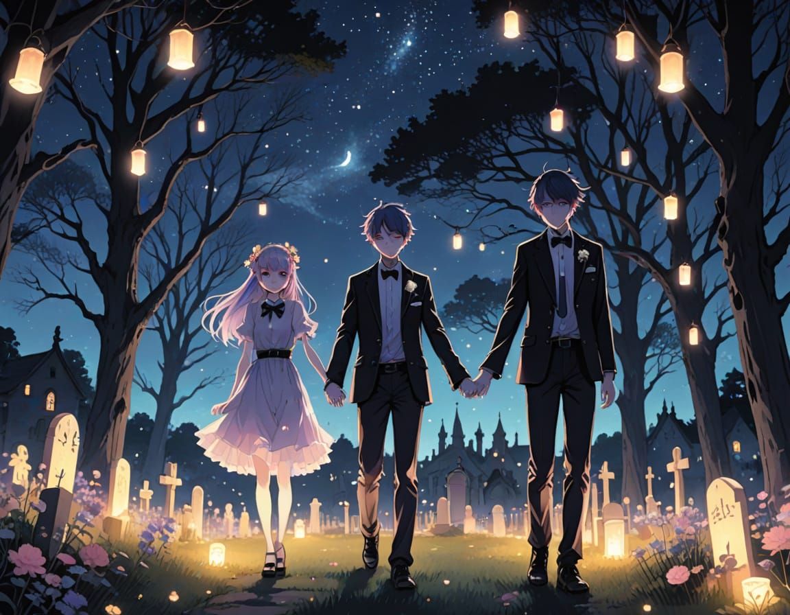 Pastel Anime Zombies in Starlit Cemetery Holding Hands
