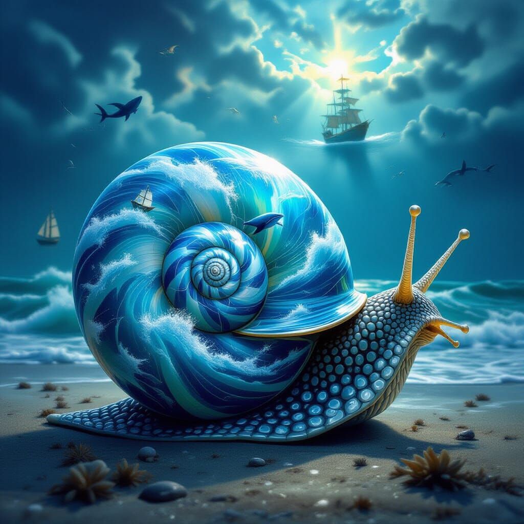 Glass Snail with Ocean Scene, Dramatic Lighting