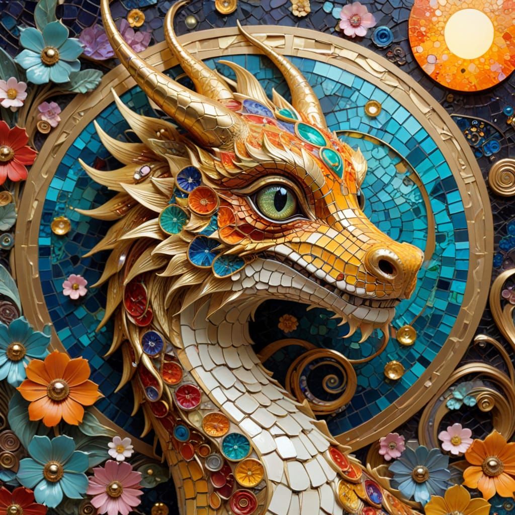 Art Nouveau Dragon on Sun-Disk with Mosaic Scales