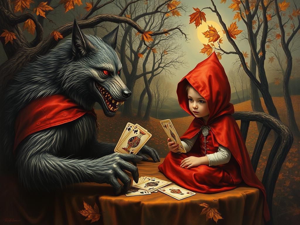 Red Riding Hood and Wolf Card Game, Surreal Oil Painting