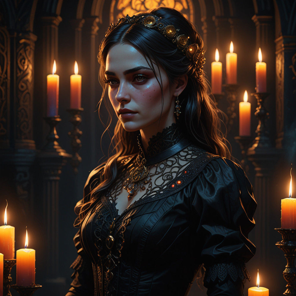 Gothic Girl in Victorian Dress Illuminated by Flickering Can...