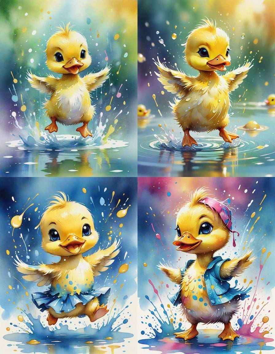 Dancing Chibi Duckling: Watercolor Splash Art