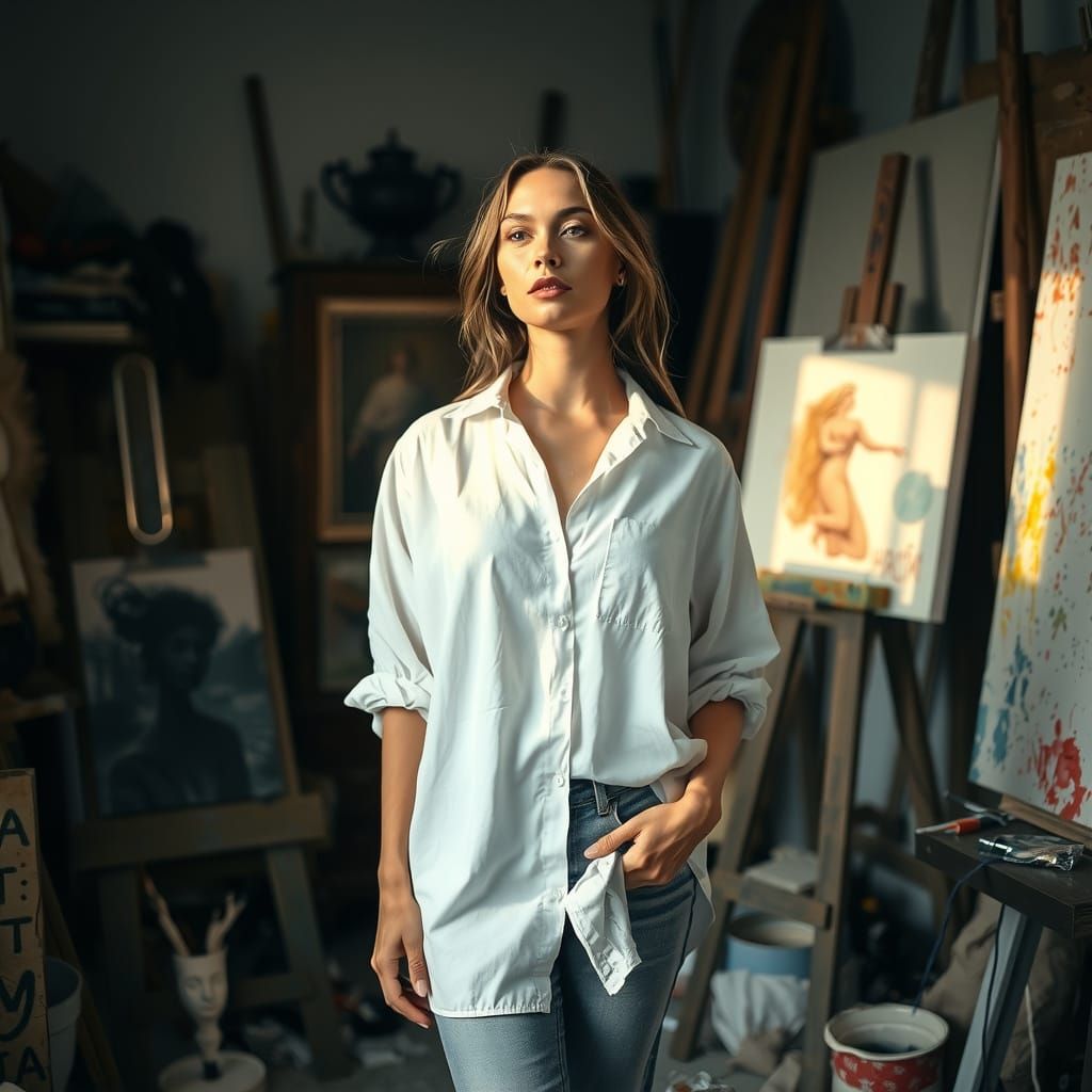 Serenely Lit Female Artist in Studio with Painting Supplies