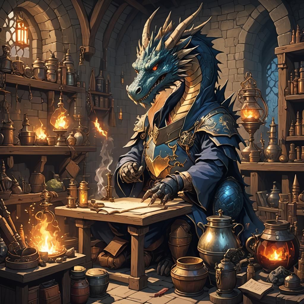 Medieval Dragon Alchemist in Lair: Anime Style