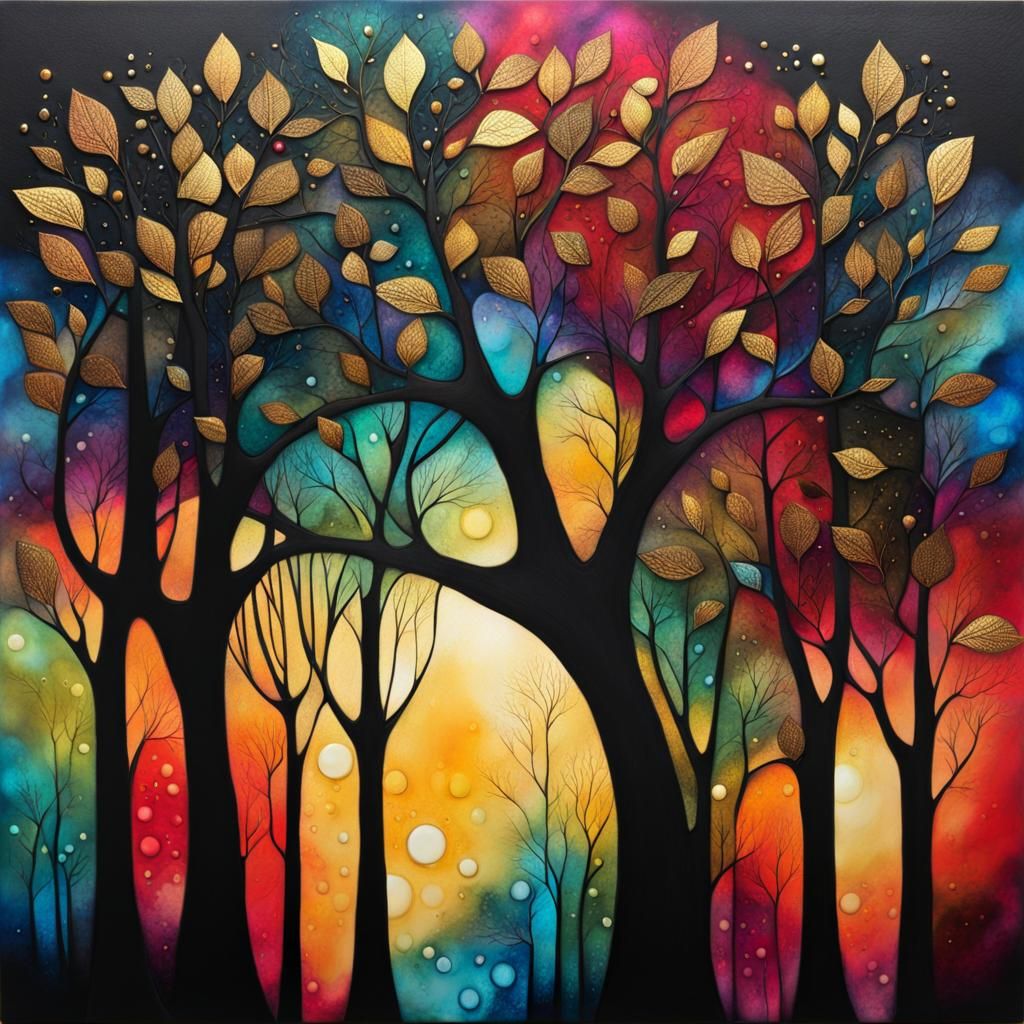 Mysterious Night Beneath Fantasy Trees in Cubist Style