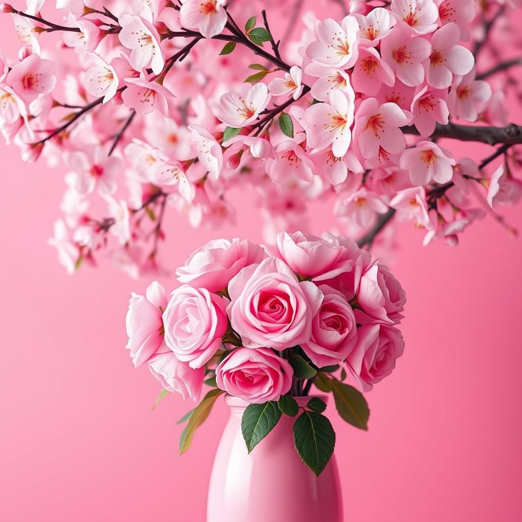 Vibrant Pink Sakura Scene with Roses in Digital Concept Art
