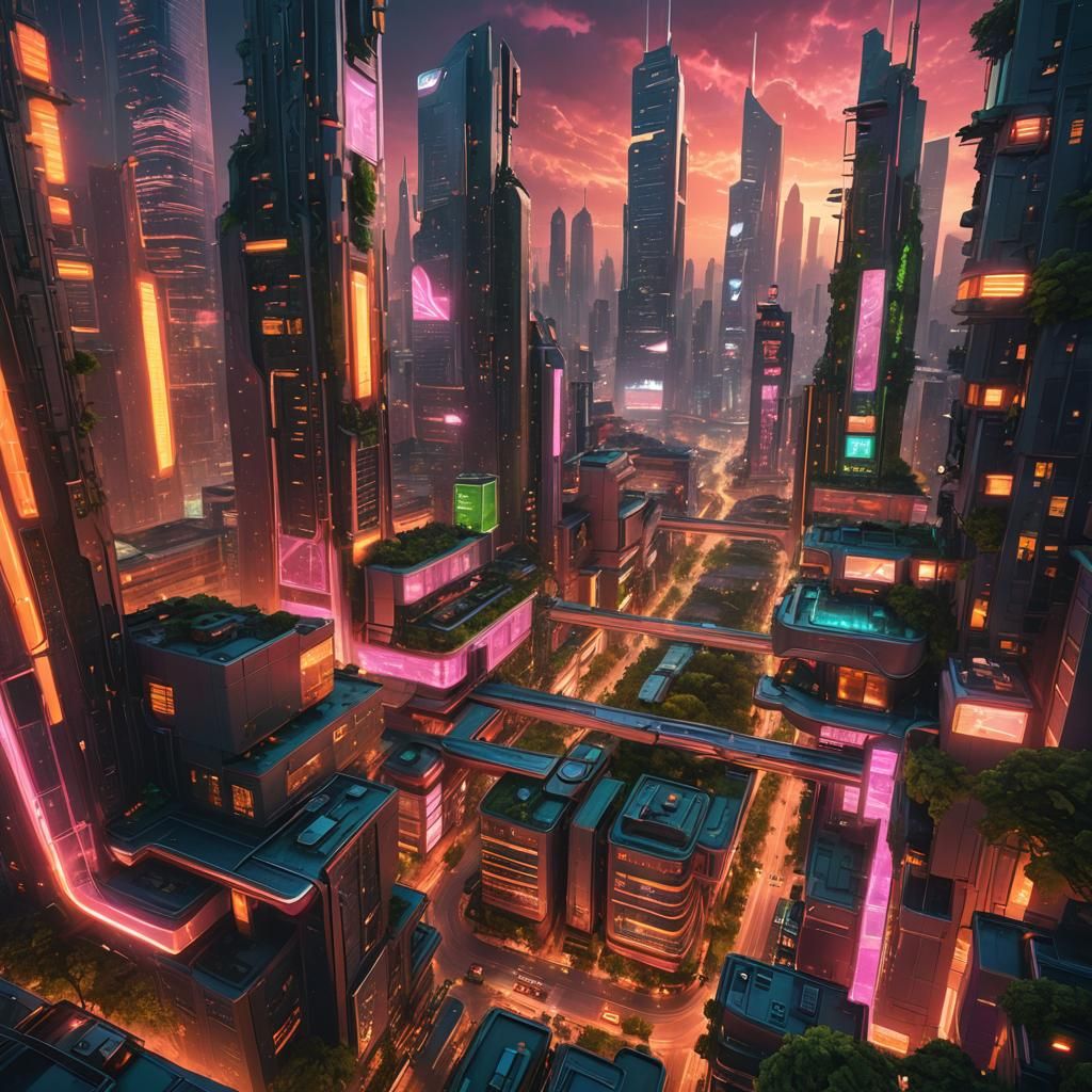 Futuristic Green Cityscape at Sunset: Digital Matte Painting