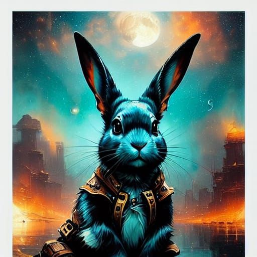 Steampunk Bunny Gazing at Milky Way on Pier