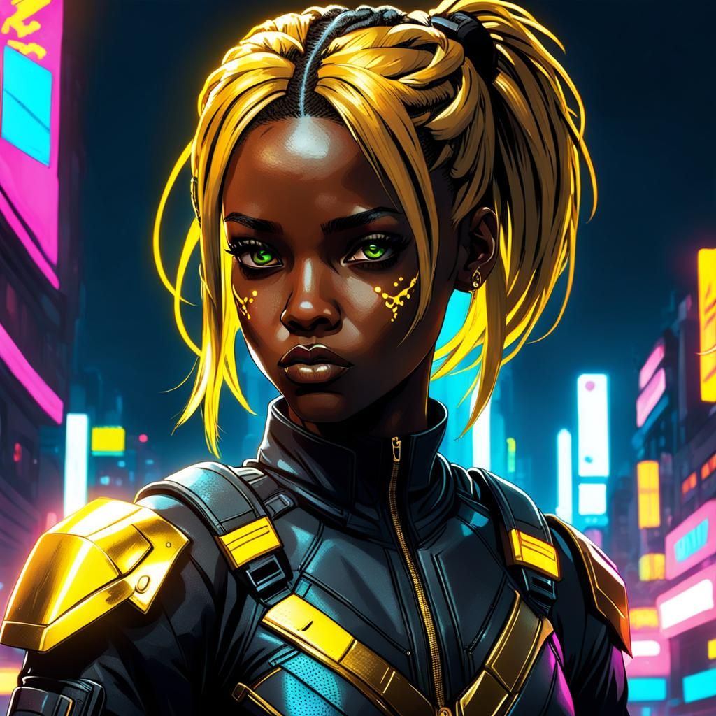 Cyberpunk Superheroine with Golden Hair in Neon City