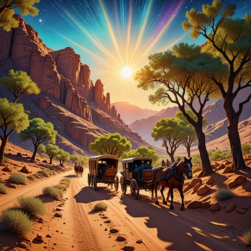 Desert Caravan in Mountainous Terrain: Cosmic Illustration