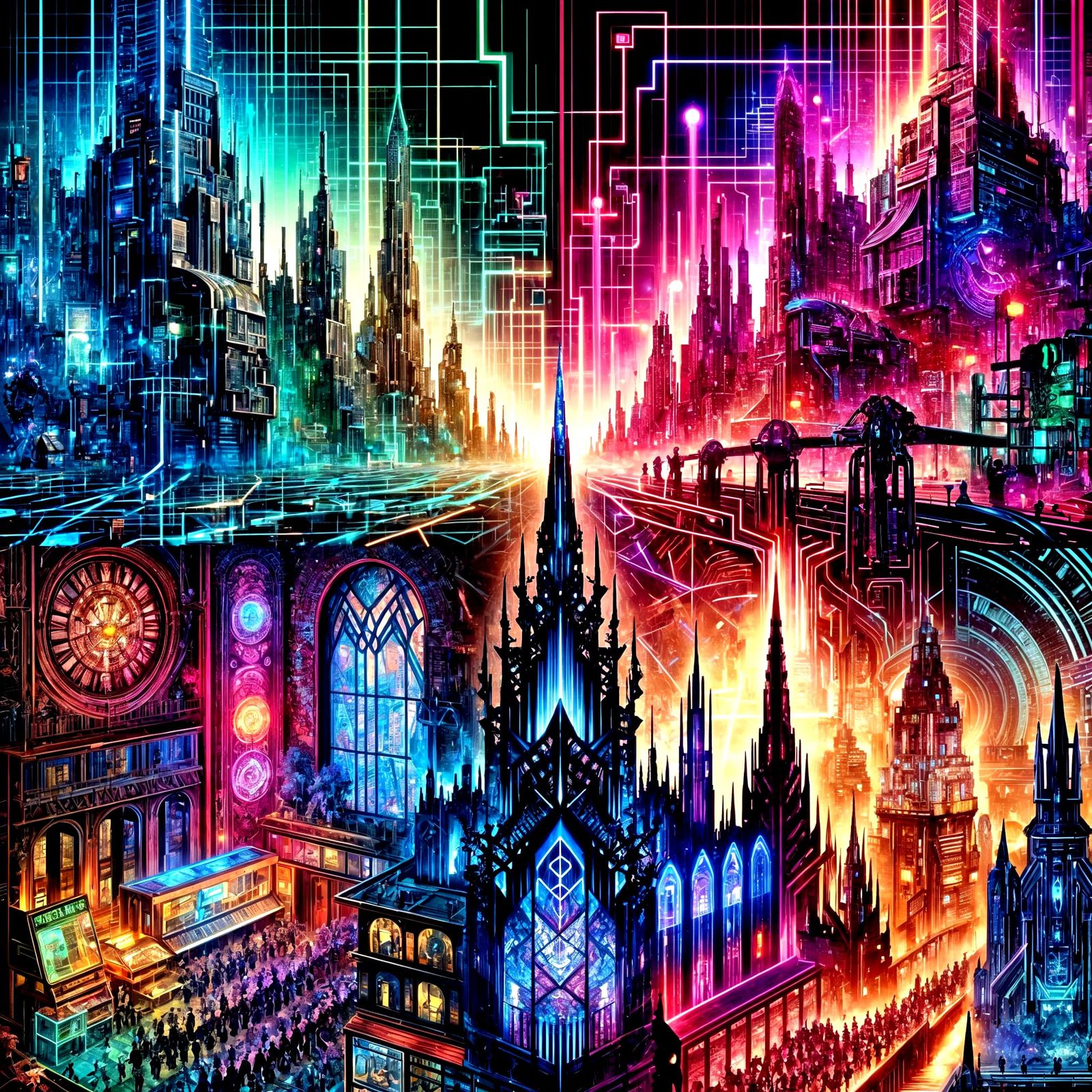 Cyberpunk Cityscape: Gothic, Synthwave, and Steampunk