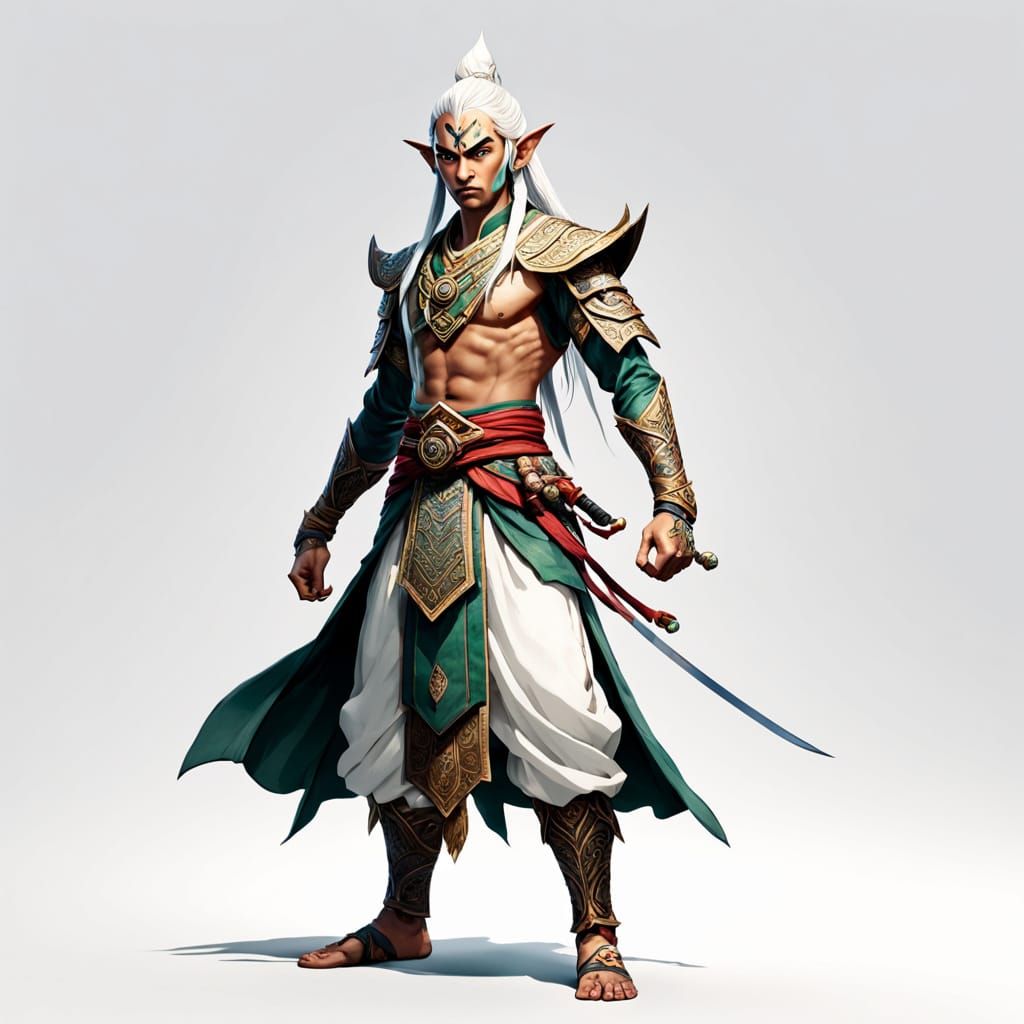 Elven Hindu Guru in Fight Stance, 2.5D Game Asset