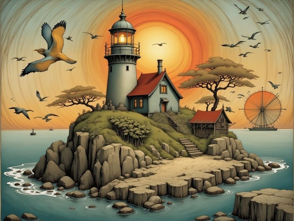 Lighthouse at Sunset in Surreal Collage