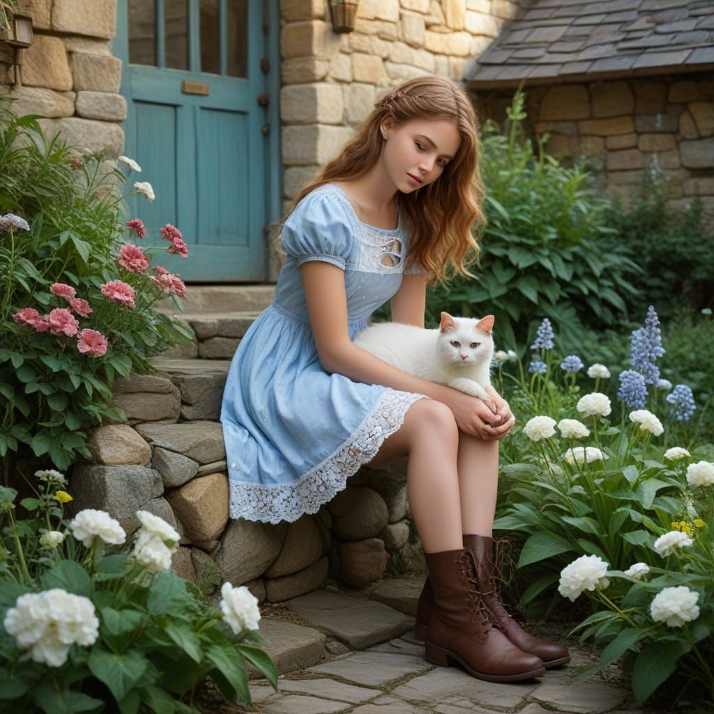 Idyllic Cottage Scene with Girl and Cat in Oil Painting Styl...