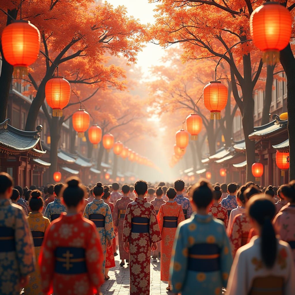 Japanese Autumn Festival in Futuristic Digital Art Style