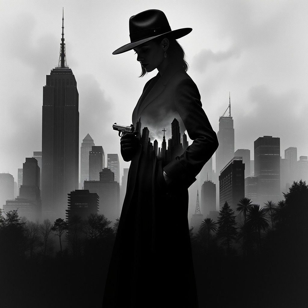 Mysterious Woman in Surreal Cityscape, Film Noir Style