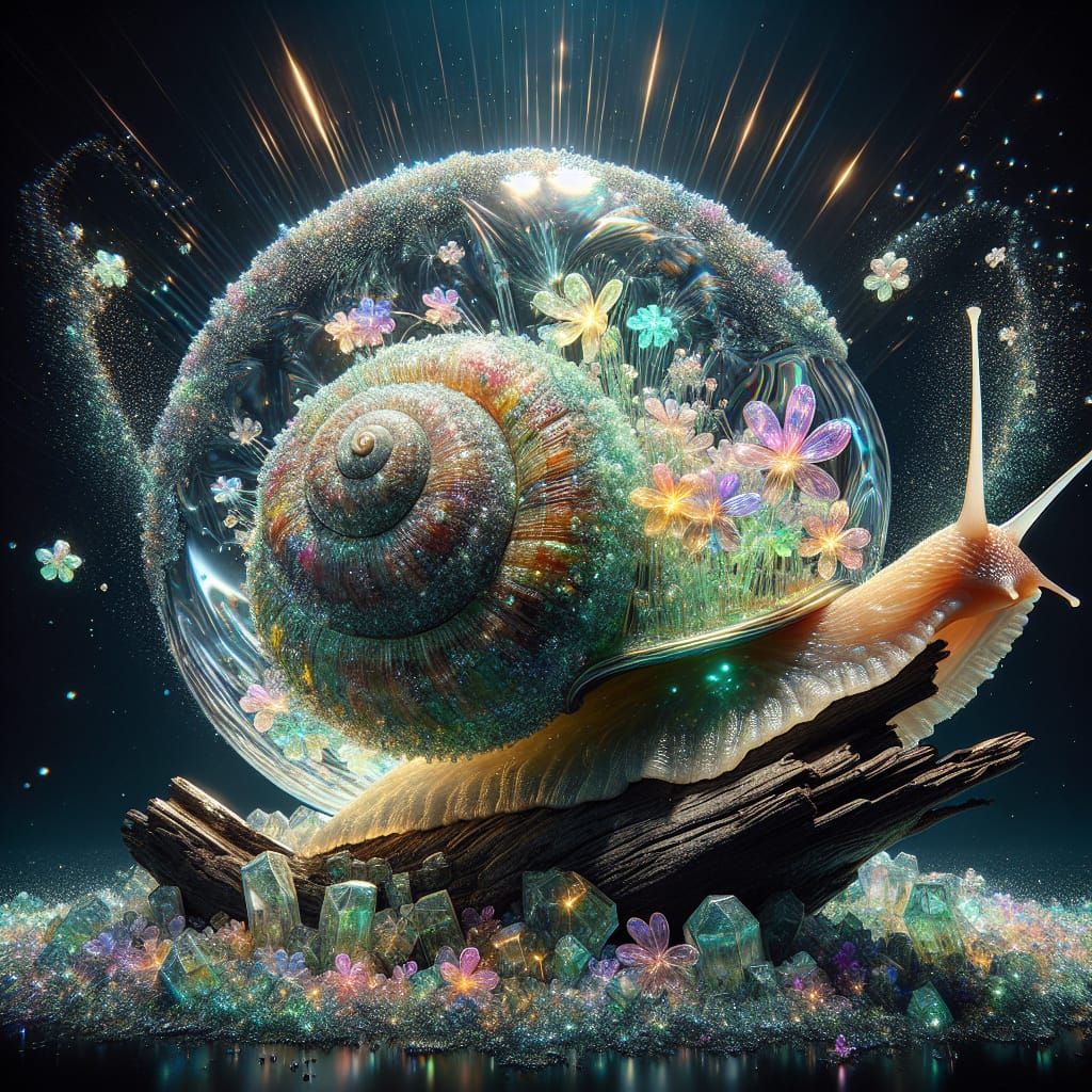 Bioluminescent Crystal Snail Shell in Night Forest
