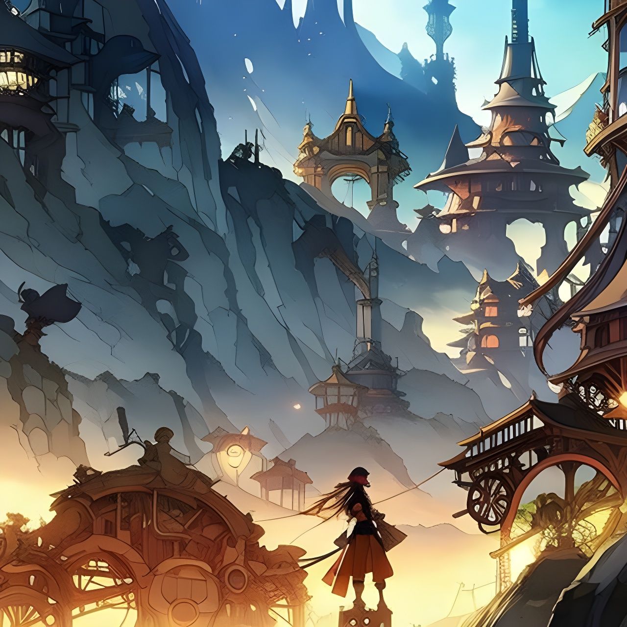 Steampunk Village: Fantasy Watercolor Illustration