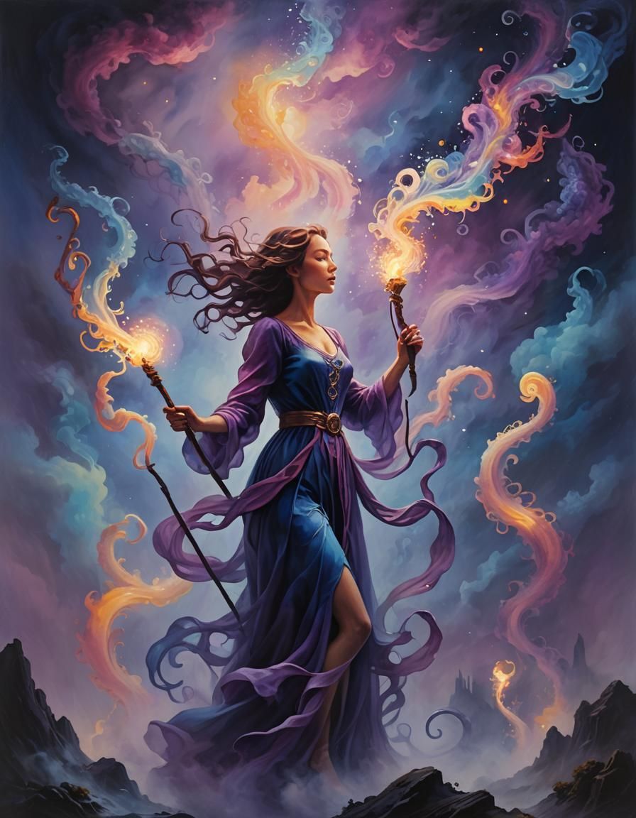 Woman Singing With Glowing Staff in Dreamscape