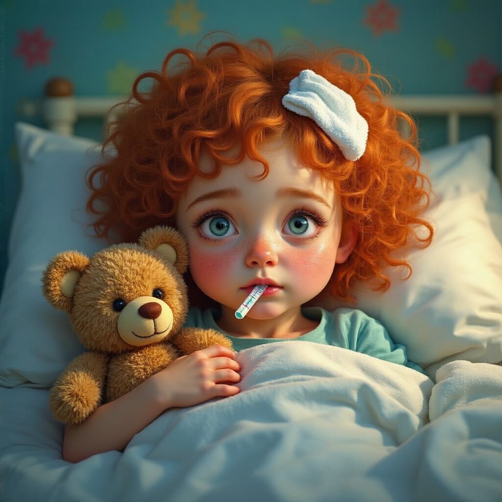 Red-Haired Girl Sick in Bed, Hyperrealistic Image