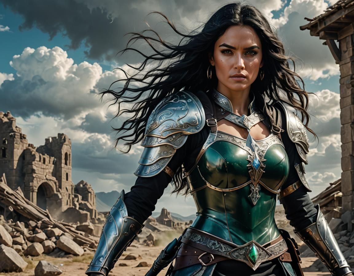 Paladin Woman in Medieval Matte Painting Style