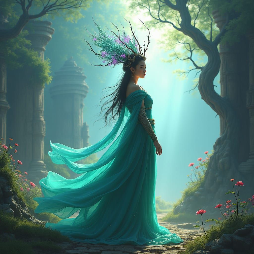 Mystical Warrior Queen in Ethereal Landscape