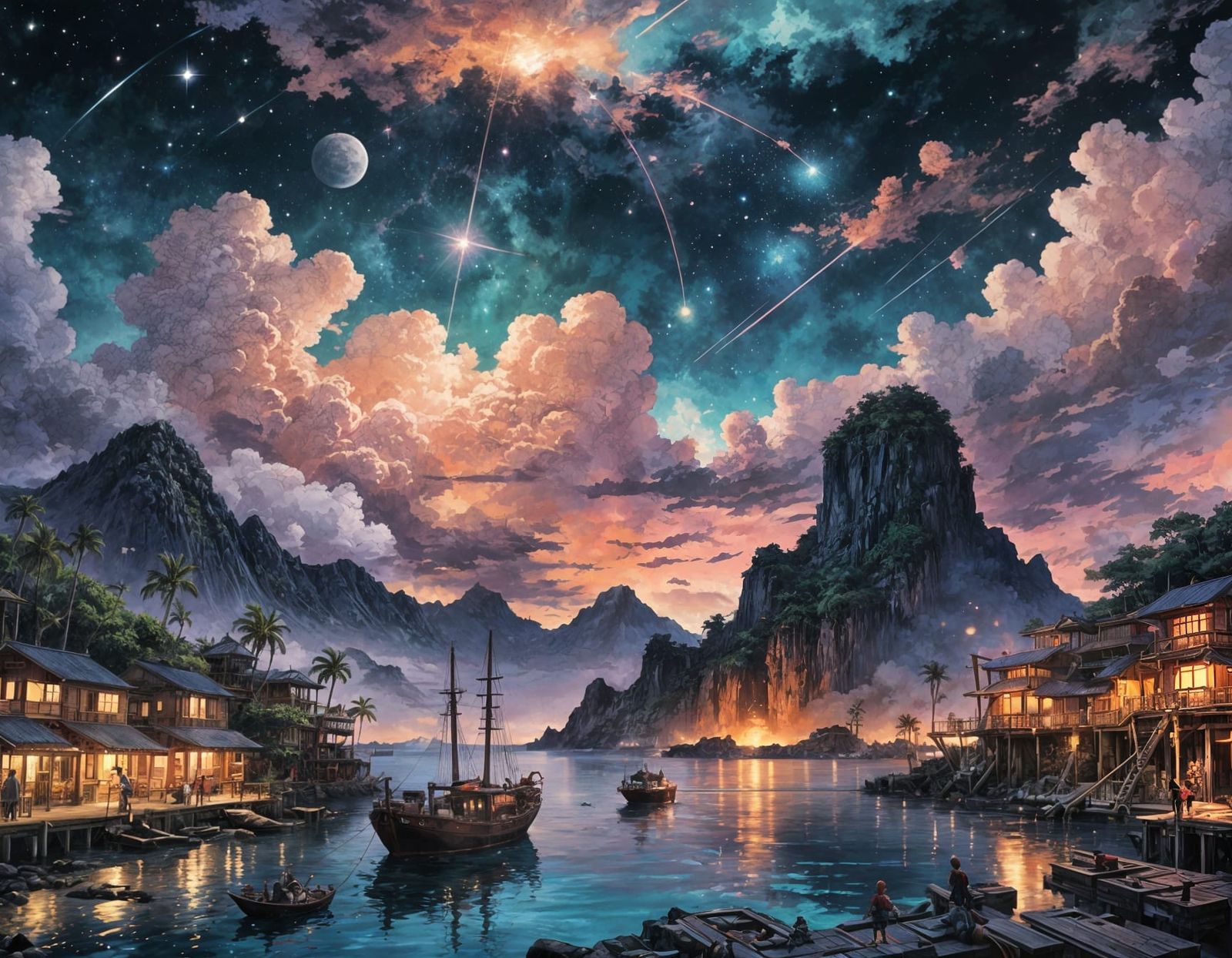 Midnight Nebula Harbor in Fantasy Manga Style