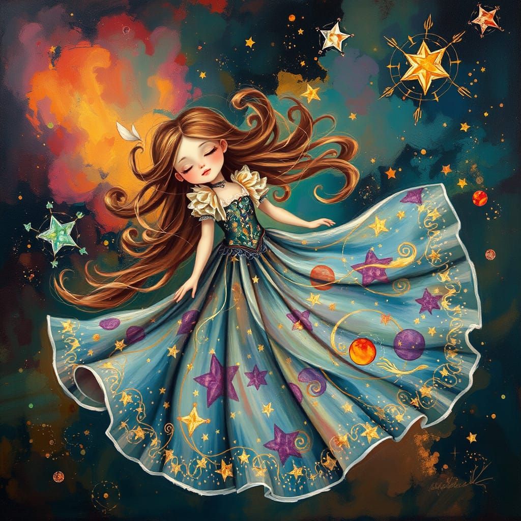 Whimsical Princess Among Celestial Landscapes