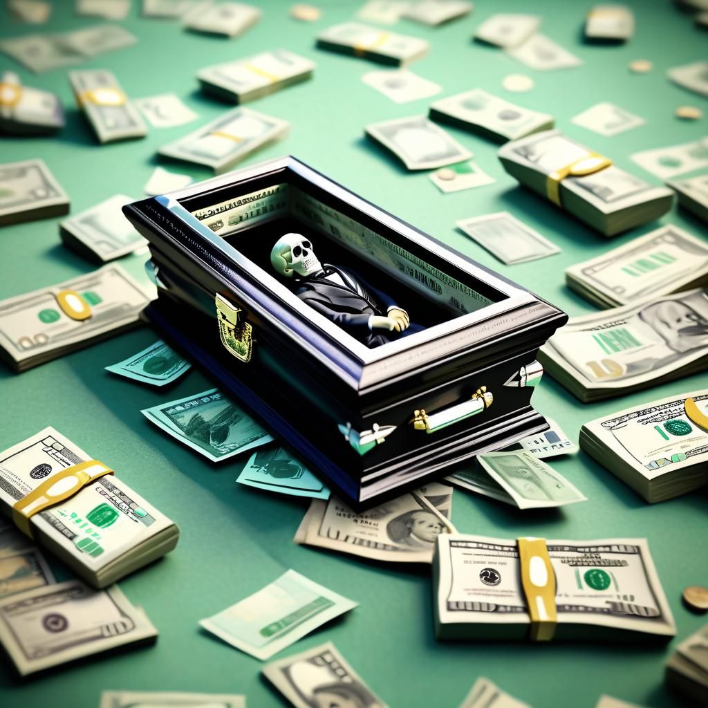 Miniature Casket Viewing Among Dollar Bills in 3D