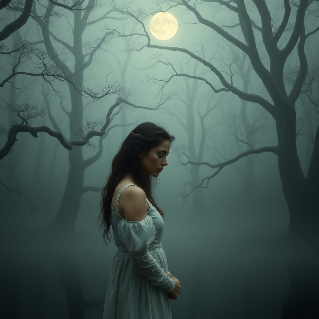 Serene Woman Lost in Moonlit Forest Reflection